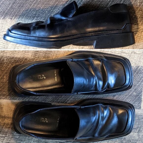 Prada Cerise Leather Shoes Black Slip-On Square-Toe Loafers - Picture 1 of 7